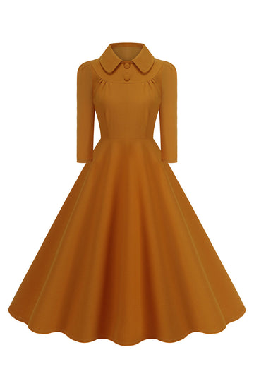 Vestido midi amarillo de manga larga con cuello peter pan y línea A de la década de 1950